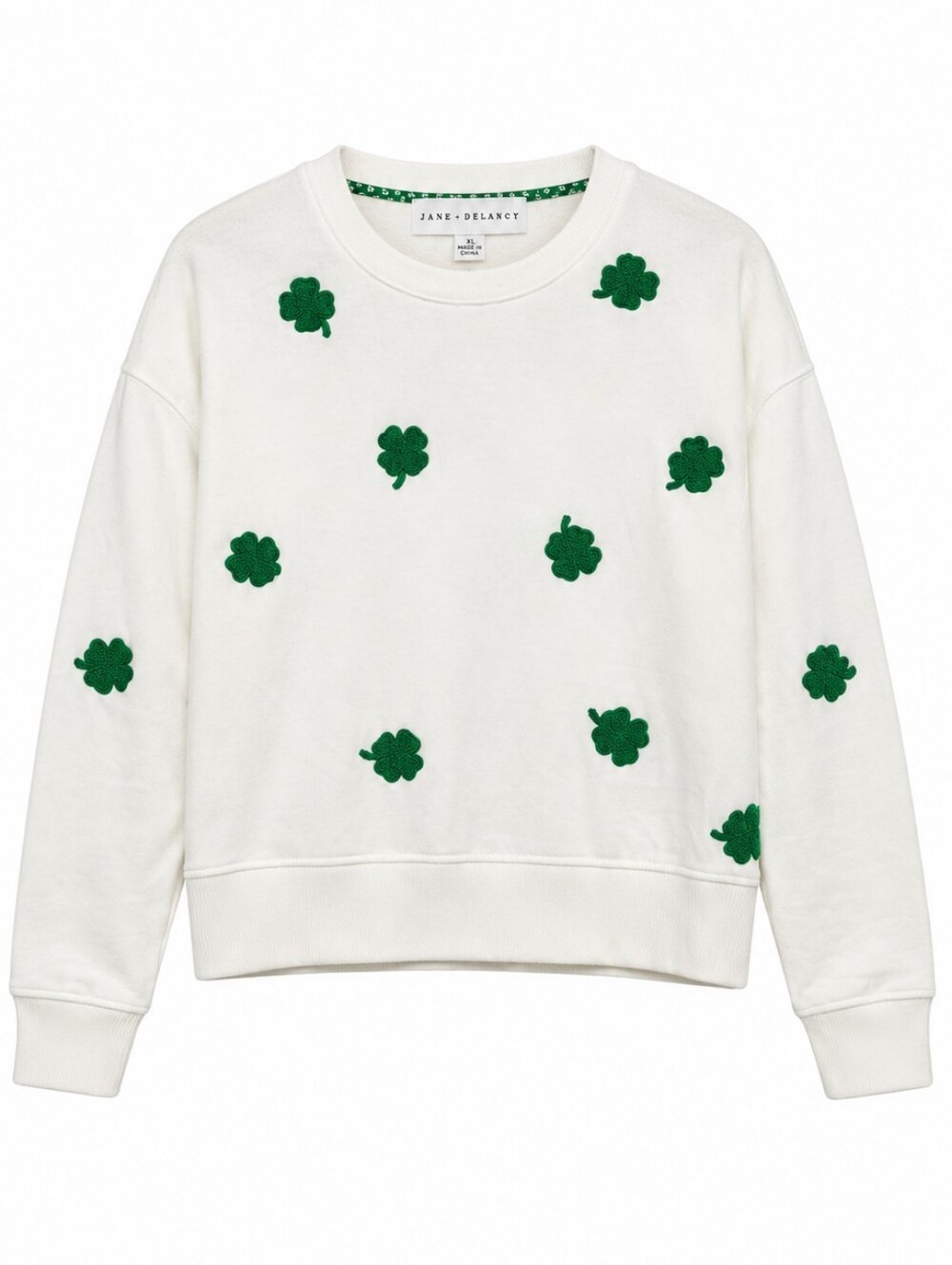 Jane + Delancey White Sweatshirt with Green Clover Appliqués